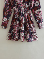2023 Spring New Women Flowers Print Dress Elastic Waist Office Ladies Short Dress