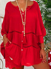 Hoobd Women Hollow Out Cotton Linen Mini Top Dress 2023 Summer V Neck Flared Sleeve Loose Irregular Dress Woman Casual Beach Dresses