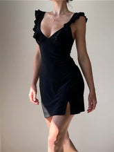 Hoobd Elegant Ruffle Bow Tie White Mini Dress for Women Sexy Backless Split Party Club Dresses 2023 Summer V-neck Sleeveless Dresses