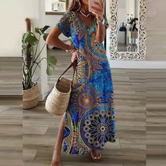 Hoobd Vintage Print Maxi Dress Women 2023 Summer Elegant V Neck Short Sleeve Loose Split Casual Dress Female Party Boho Beach Vestidos