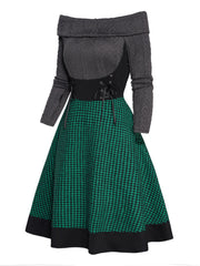 Hoobd Cable Knit Plaid Print Panel Dress Long Sleeve Lace Up Foldover Off the Shoulder Mini Dress For Women Spring Winter