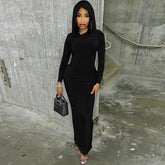Hooded Long Sleeve Maxi Dresses For Women Tight Black Long Dress Plain Bodycon Autumn Winter Dress 2023
