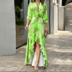 Hoobd Women Maxi Dress Autumn Fashion Sexy V Neck Art Print Long Sleeve Slim irregular Ruffle Skirt Party Evening Dresses