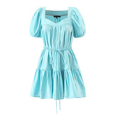 Hoobd New Women Vintage Drawstring Waist Sky Blue Dress Puff Short Sleeve Ladies Holiday Summer Casual Dress Short Vestido
