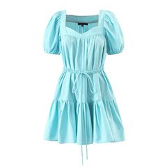 Hoobd New Women Vintage Drawstring Waist Sky Blue Dress Puff Short Sleeve Ladies Holiday Summer Casual Dress Short Vestido