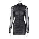Fashion Woman Clothes Autumn See Through Long Sleeve Folds Mesh Patchwork Bodycon Package Hip Mini Dress Streetwear Black