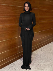 High Neck Long Sleeve Bodycon Dress For Women Tight Elastic Lace Up Maxi Long Dress Autumn 2024 New Party Club Vestidos
