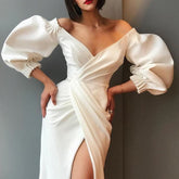 Elegant High Waist Split Long Dress Casual Drape Solid Office A-line Dresses Fashion Deep V Puff Sleeve Evening Dress for Women