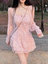 2023 Summer Pink Floral Y2k Mini Dress Woman Sweet One Piece Dress Korean Fashion Chiffon Long Sleeve Short Party Dress Beach