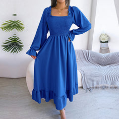 2023 New Women Spring Summer Casual Solid Color Square Neck Flare Large Swing Ruffles Long Dress For Fashion