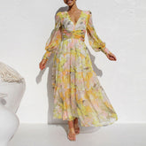 Vestidos Ladies Elegant Floral Print Lantern Long Sleeve Casual Chiffon Dress