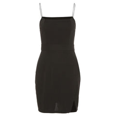 Y2k Style 2023 Summer New Fashion Women'S Suspenders One-Line Shoulder Sexy Solid Color Slim Slit Leg Length Short Black Dress