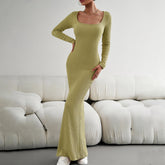 Fashion 2023 Autumn Woman Square Collar Long Sleeve Knitting Dress Streetwear Elegant Female High Waist Bodycon Office Dresses