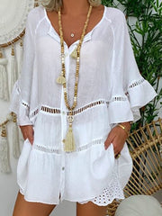 Hoobd Women Hollow Out Cotton Linen Mini Top Dress 2023 Summer V Neck Flared Sleeve Loose Irregular Dress Woman Casual Beach Dresses