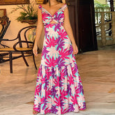 Fashion Printed Off Shoulder Pleated Long Dress 2023 Sexy Hollow Slim Ruffle Hem Party Dresses New Women V-Neck Seaside Sundress