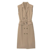 Elegant Women Blazer Dresses With Belt Autumn Solid Notched Office Lady Dresses Sleeveless Double Breasted Vestidos