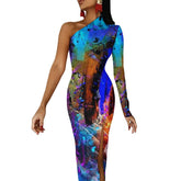 Rainbow Colors Maxi Dress Long Sleeve Colorful Aesthetic Cute Bodycon Dress High Slit Party Long Dresses Women Pattern Vestidos