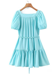 Hoobd New Women Vintage Drawstring Waist Sky Blue Dress Puff Short Sleeve Ladies Holiday Summer Casual Dress Short Vestido