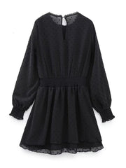 New Spring Women Ruffled Dotted Black Dress Long Sleeve Elastic Waist Female Vintage Dresses Short Vestidos
