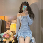 Hoobd Bodycon Wrap Sexy Dress Women Korean Style Design Kawaii Ruffles Lolita Short Dresses Lace Robe Female Autumn
