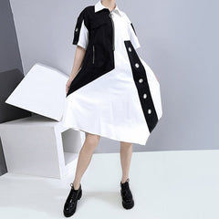 Holes Contrast Color Design Black White Patchwork Woman Summer Casual Asymmetrical Shirt Dress Big Size Loose Fit Style LLMD004