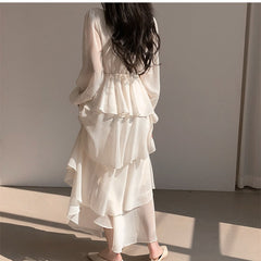 Hoobd Dresses Women Office Lady Lantern Sleeve V-Neck Pullover Dress Femme Autumn New High Waisted Vestidso Female