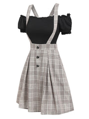 Hoobd Off The Shoulder Tee and Crisscross Plaid Suspender Skirt Set Two Piece Dress Top and Skirt Set