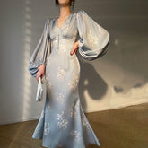 Hoobd Vintage French Women Dress Spring Summer Elegant Floral Print V Neck Latern Sleeve Long Maxi Dress Party Holiday Female Vestidos