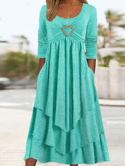 Hoobd Elegant Office Women Patchwork Pockets Midi Dress Round Neck Basic Solid Long Sleeve Dress Lady Casual Summer Ruffles Club Dress