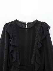 New Spring Women Ruffled Dotted Black Dress Long Sleeve Elastic Waist Female Vintage Dresses Short Vestidos