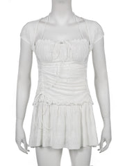 Hoobd Rapcopter Y2K Draped Mini Dress Ruffles Bow Trim Sundress Square Collar French Party Beach Bodycon Dress Women Retro Night Cloth