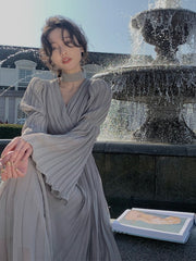 Fairy Pure Color Midi Dress Woman French Elegant Evening Party Dress Long Sleeve 2023 Spring One Piece Dress Korea Fashion Chic