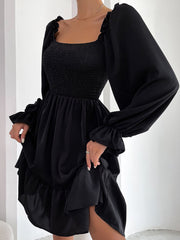 Women Elasticity Dress Ruffle High Waist Tight A-line Dress Pullover Square Collar Long Sleeve Ruffled Dresses