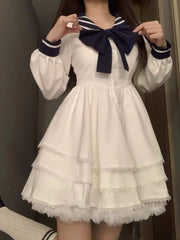 Autumn Japanese Kawaii Mini Dress Women College Style Bow Sweet Chic Fluffy Dress Korean Style Elegant Casual Dress Female