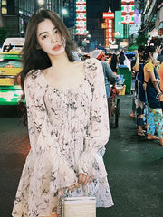 2023 Spring French Vintage Floral Mini Dress Women Causal Elegant One Piece Dress Korean Fashion Long Sleeve Evening Party Dress