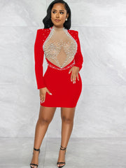 Cocktail Dresses For Women Evening Party Kricesseen Sexy Crystal Beading Mesh Patchwork Mini Dress Womens Long Sleeve Backless Bodycon Dresses Party Clubwear Outfits
