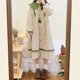 Kawaii Lolita Dress Women Sweet Preppy Style Ruffles Patchwork Corduroy Dress Autumn Winter Puff Sleeve Peter Pan Collar