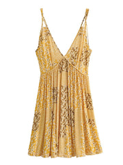 Hoobd Boho Strap Print Dress Woman 2023 Summer Beach Vacation New Sexy Deep V Neck High Waist Backless Mini Dress Female