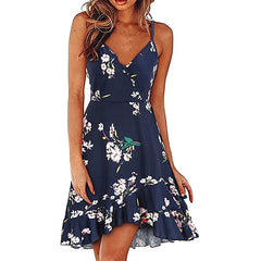 Hoobd S-2XL 17Colors Print Ruffles Sleeveless Fit Flare Dress Casual V-Neck Women Beach Party Entertainment Daily Suspender Wear