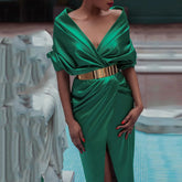 Hoobd Women Dress Fashion Solid Sexy V-Neck Short Batwing Sleeve Nipped Waist Slit Pleated Evening Party Dresses No Belt