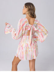 2023 Summer Holiday Vocation Long Sleeve Sexy V-neck Ruffled A-line Beach Playsuit with Headband