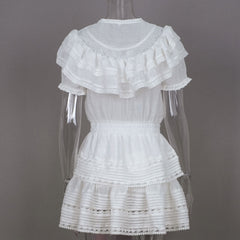 High Quality Short Sleeve White Lace Patchwork Women Holiday and Beach Style Mini Dress