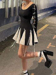 Lace Up High Waist Dress For Women Folds Splice Bodycon Mini Dress Hot Girls Street Slim See Through Dresses Woman Autumn