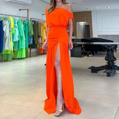 2023 Summer New Women's High Split Off Shoulder Maxi Dress Female Sexy One Word Neck Slit Orange Short-sleeved Solid Dresses
