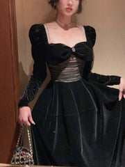 One Piece Dress Korean Ladies Black Fashion Elegant Velvet Dress Female Vintage Long Sleeve Evening Party Midi Dress