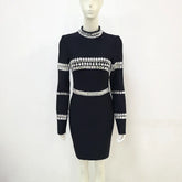 Brand New Women Winter Sexy Turtleneck Beading Long Sleeve Black Mini Bandage Dress Elegant Evening Club Party Dress