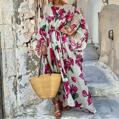 Autumn Spring Women Fashion Flowers Print O-neck Shawl Lace-up Large Swing Dress Casual Loose Waist Three-quarter Sleeve Dresses