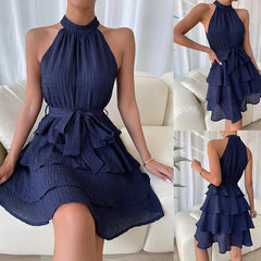 Hoobd Women Soild Ruffle Design Dress Halter Neck Dress Casual Sweet Style Dress Grace Sleeveless Dress Women Summer Dress