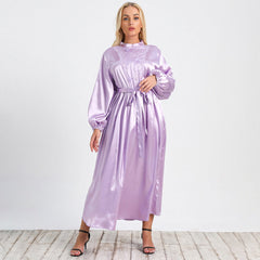 Plus Size Elegant Mesh Embroidery Belted Satin Dress Women Autumn High Waist Lantern Sleeve Party A-Line Long Dresses