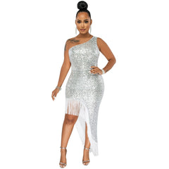 2023 Summer Formal Glitter Sequins Full Sleeve Slash Neck Bodycon Party Night Club Dresses Sexy Birthday Women Tassel Dress